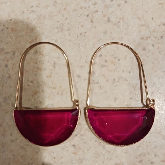 New Red Anthro Inspired Glass Crescent Hoop Earrings -Glass Dangle Earri… - Picture 2 of 2